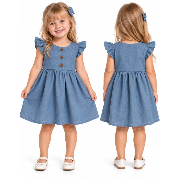 Vestido tusor beba COLOR JEAN con frunce cintura y colados en manga. Labendel