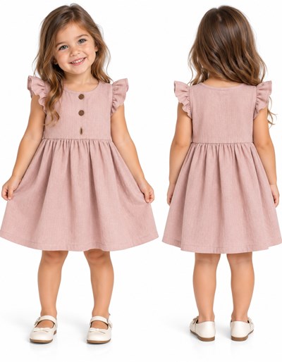 Vestido tusor beba COLOR ROSA BB con frunce cintura y colados en manga. Labendel