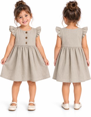 Vestido tusor beba COLOR BEIGE con frunce cintura y colados en manga. Labendel