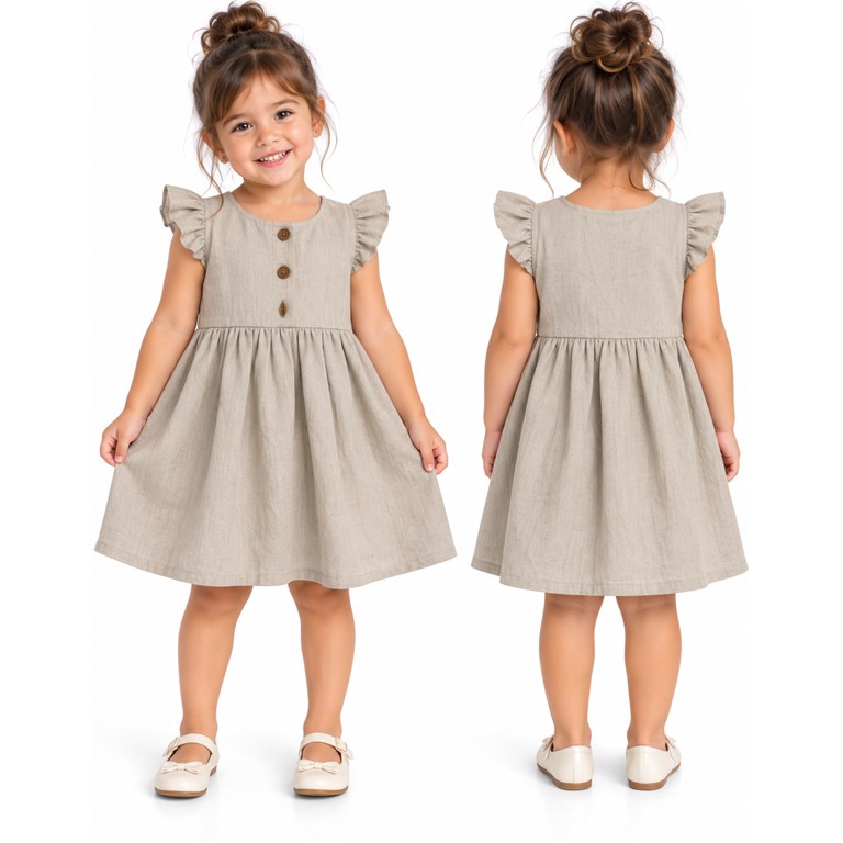 Vestido tusor beba COLOR BEIGE con frunce cintura y colados en manga. Labendel