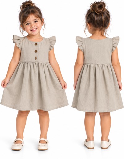 Vestido tusor beba COLOR BEIGE con frunce cintura y colados en manga. Labendel