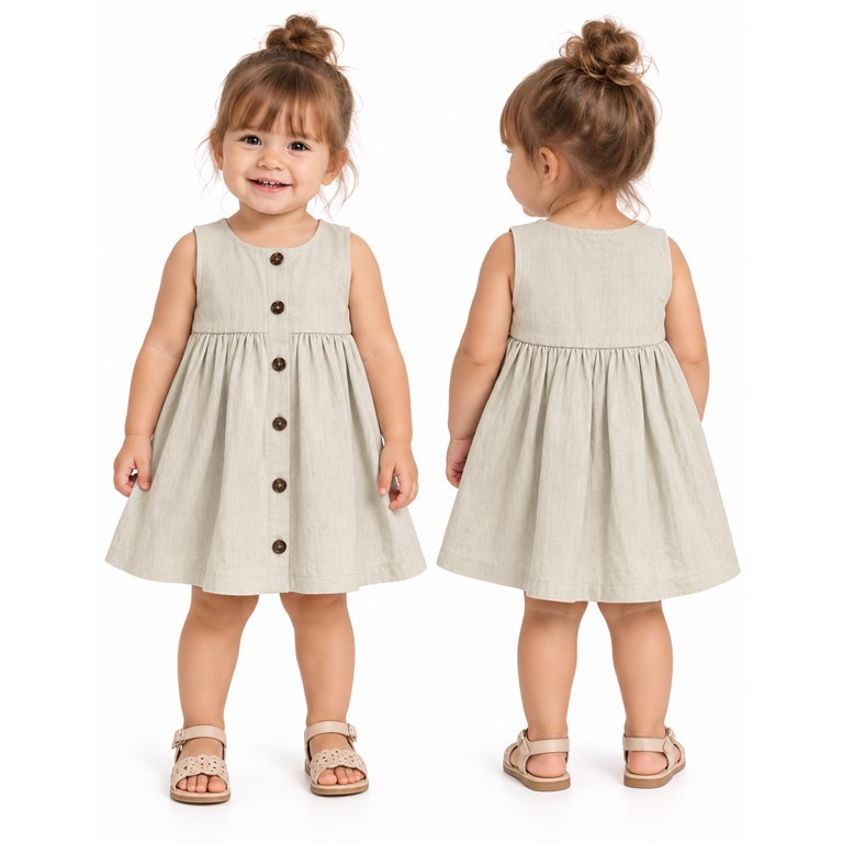 Vestido tusor beba COLOR BEIGE sin mangas y botones. Labendel
