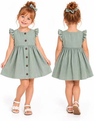Vestido tusor beba COLOR OLIVA manga corta con volados y botones . Labendel