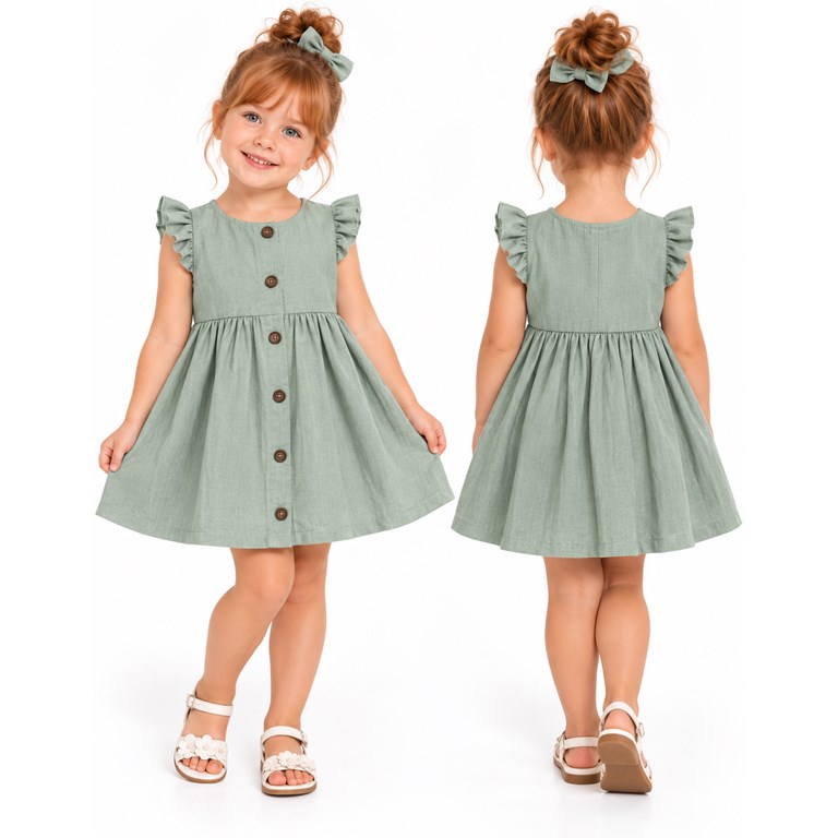 Vestido tusor beba COLOR OLIVA manga corta con volados y botones . Labendel