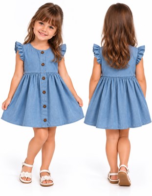 Vestido tusor beba COLOR JEAN manga corta con volados y botones . Labendel