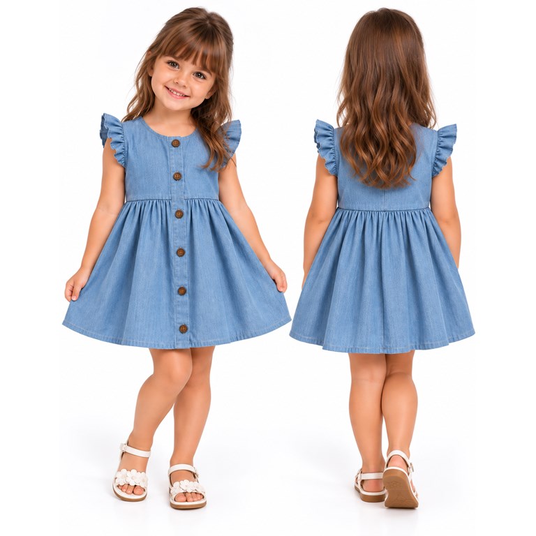 Vestido tusor beba COLOR JEAN manga corta con volados y botones . Labendel