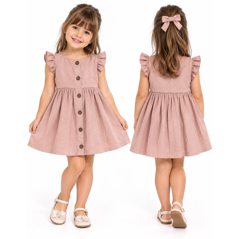 Vestido tusor beba COLOR ROSA BB manga corta con volados y botones . Labendel