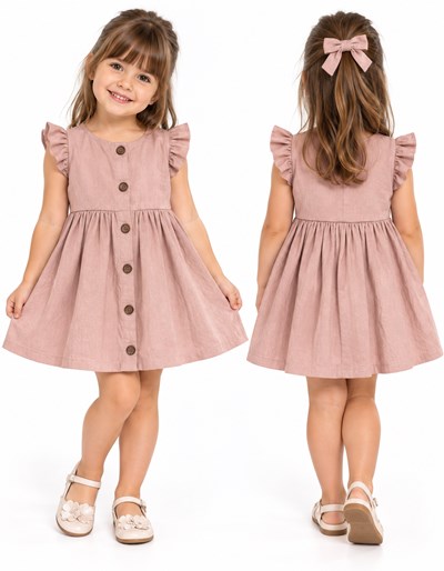 Vestido tusor beba COLOR ROSA BB manga corta con volados y botones . Labendel