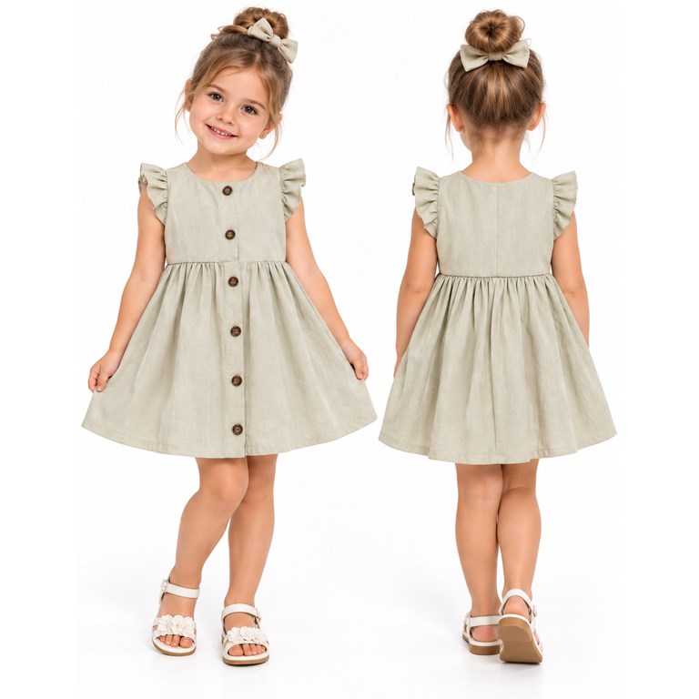 Vestido tusor beba COLOR BEIGE manga corta con volados y botones . Labendel