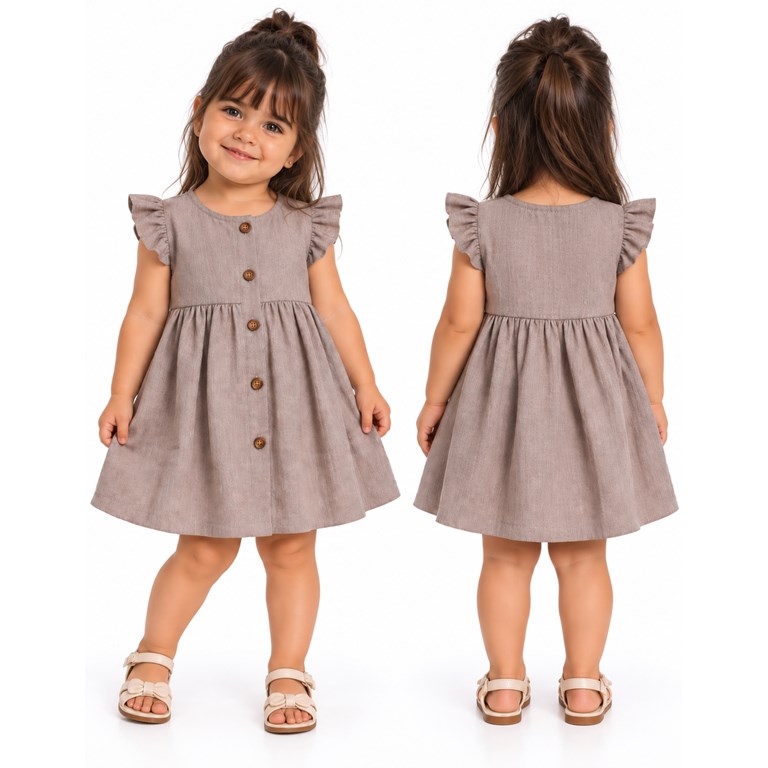 Vestido tusor beba COLOR TOSTADO manga corta con volados y botones . Labendel