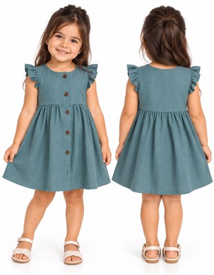 Vestido tusor beba COLOR PETROLEO manga corta con volados y botones . Labendel