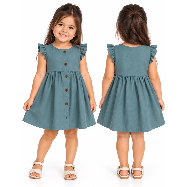 Vestido tusor beba COLOR PETROLEO manga corta con volados y botones . Labendel