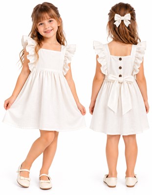 Vestido COLOR CRUDO NIÑA tusor premium con volados en pechera y ruedo. Labendel