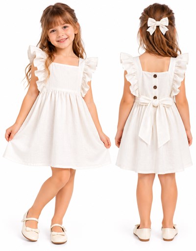 Vestido COLOR CRUDO NIÑA tusor premium con volados en pechera y ruedo. Labendel