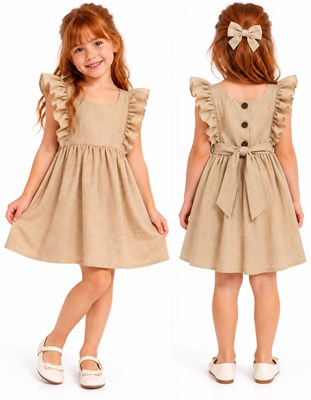 Vestido COLOR CAMEL NIÑA tusor premium con volados en pechera y ruedo. Labendel