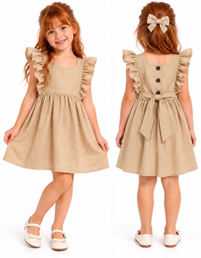 Vestido COLOR CAMEL NIÑA tusor premium con volados en pechera y ruedo. Labendel