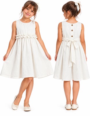 Vestido COLOR CRUDO NIÑA tusor premium con volados en cintura y ruedo. Labendel