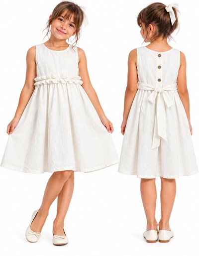 Vestido COLOR CRUDO NIÑA tusor premium con volados en cintura y ruedo. Labendel