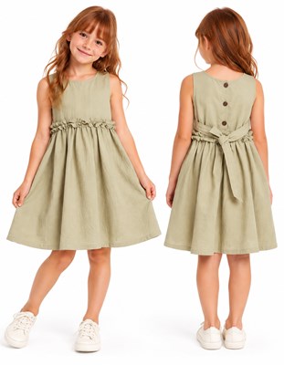 Vestido COLOR CAMEL NIÑA tusor premium con volados en cintura y ruedo. Labendel