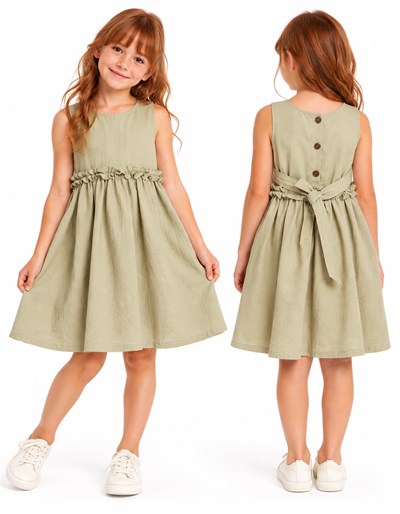 Vestido COLOR CAMEL NIÑA tusor premium con volados en cintura y ruedo. Labendel