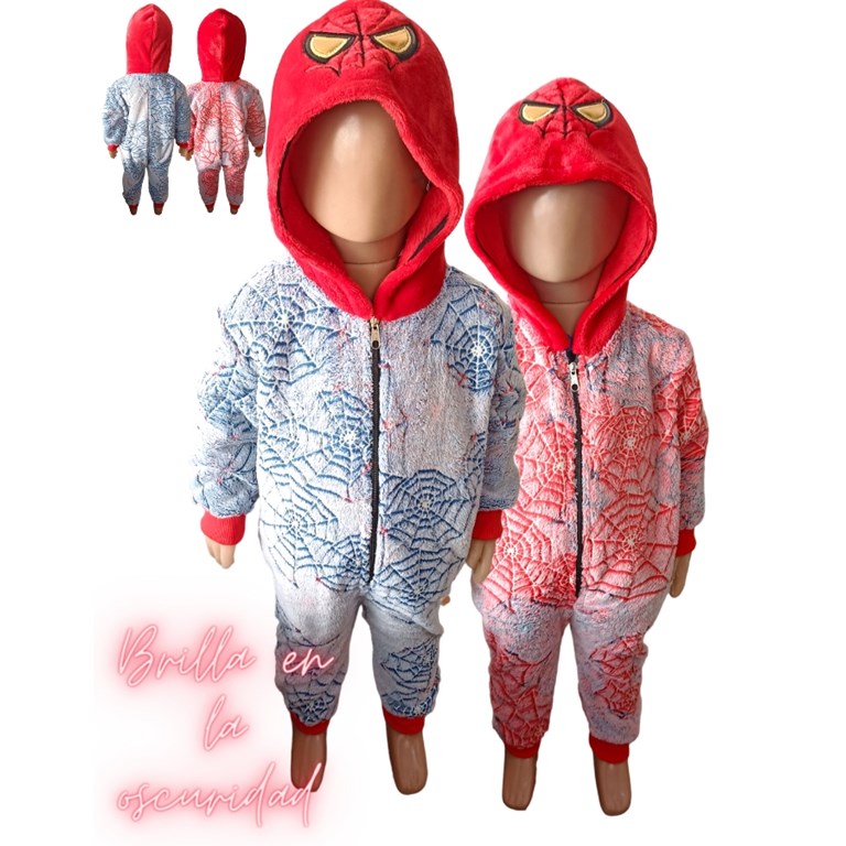 ENTERITO SPIDERMAN ESTAMPADOTELAS DE ARAÑA LUMINOSO KIGRUMIS CON CAPUCHA FORRADA PIJAMA ENTERITO MAMELUCO DISFRAZ. (TALLES 3=12 4=18 5=24 6=36) LABENDEL