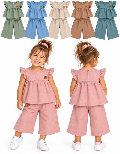Conjunto 2 piezas tusor: Blusa tipo vestidito + Pantalon wide leg beba. Labendel