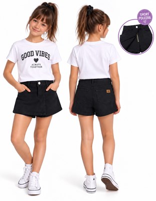 Short pareo gabardina negro con elastico en cintura. Labendel