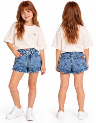 Short con tachas jean lavado con elastico en cintura nena. Labendel