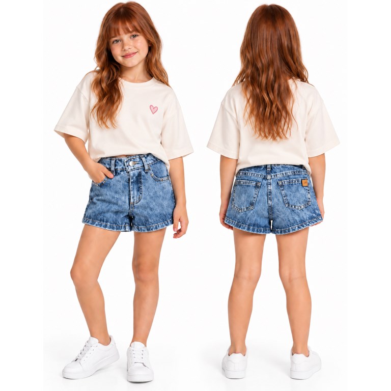 Short con tachas jean lavado con elastico en cintura nena. Labendel