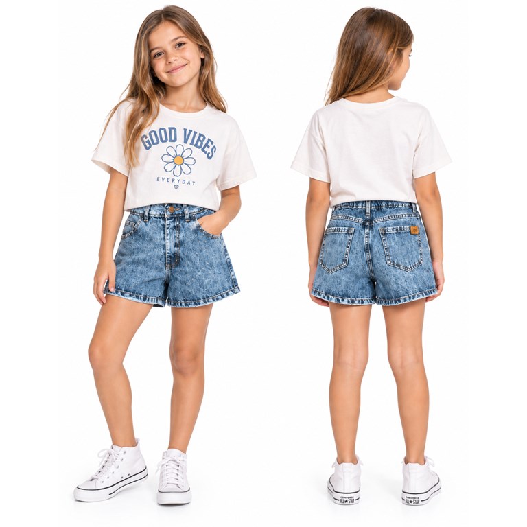 Short jean lavado con strass nena con elastico en cintura. Labendel