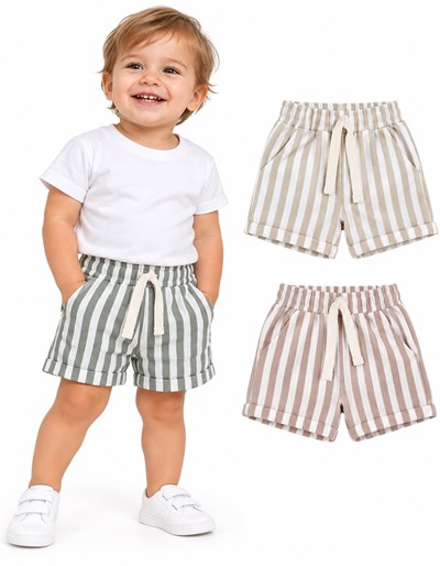 Short bebe varon lino rayado con bolsillos y cordon cintura. Labendel