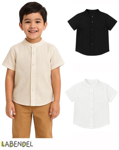 CAMISA LINO MANGA CORTA CUELLO MAO FIESTA. COLORES: BLANCO-NATURAL-NEGRO. LABENDEL