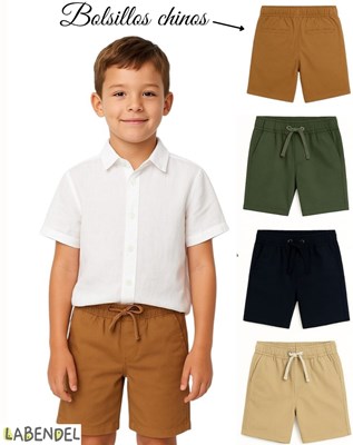 BERMUDA CHINA DE GABARDINA ELASTIZADA PARA NIÑO CON CORDON AJUSTABLE. COLORES: NEGRO - NATURAL - MOSTAZA - VERDE MILITAR. LABENDEL