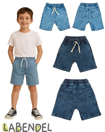 BERMUDA JEAN NIÑO CON CORDON REGULADOR EN CINTURA. COLORES: AZUL - AZUL CLARO. LABENDEL