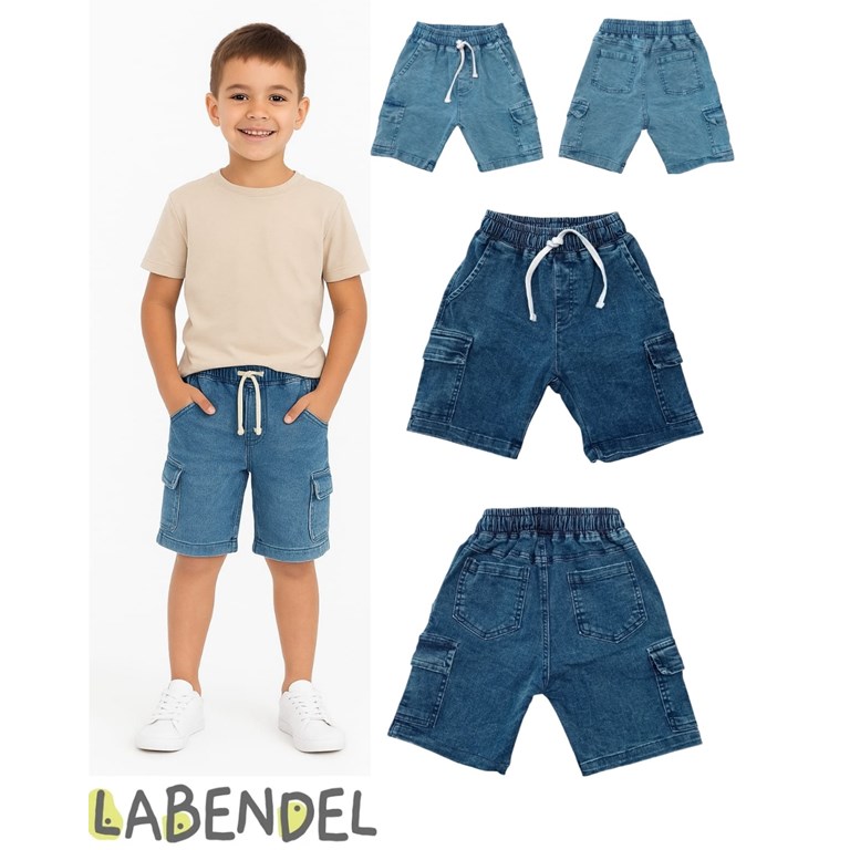 BERMUDA CARGO JEAN 'SUPER ELASTIZADO' NIÑO CON CORDON REGULADOR EN CINTURA. COLORES: AZUL - AZUL CLARO. LABENDEL