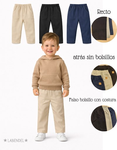 Pantalon chino gardina elastizada recto bebe. Colores: Negro, Beige, Azul. Labendel