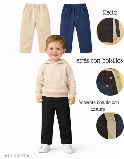 Pantalon bebe recto carpintero gabardina elastizada. ColoreS: Negro, beige, azul. Labendel