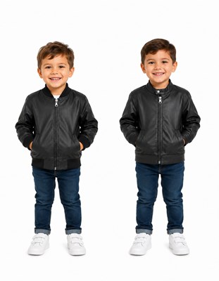 CAMPERA  NEGRA PARA NENE SIMIL CUERINA, CON CIERRE Y BOLSILLOS
