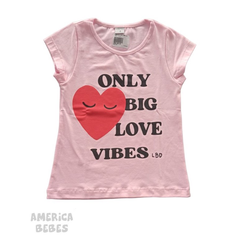 REMERA MANGA CORTA PARA NENA ALGODON CON LYCRA PREMIUM ESTAMPADA BIG LOVE VIBES LABENDEL