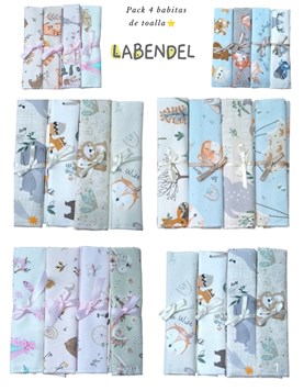 SET X 4 UNIDADES BABITAS CON TOALLA ABSORBENTE. ESTAMPAS SURTIDAD: UNISEX, VARON Y NENA. LABENDEL