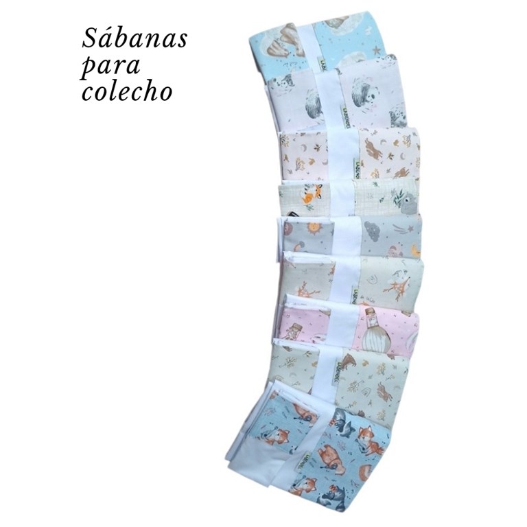 Sabana 3 piezas ajustable COLECHO. Medidas: 50cm x 80cm, sábana plana y funda de almohada. Batista hipoalergénica super suave composicion 65/35. Esbozos en gabardinas/tusor. Labendel