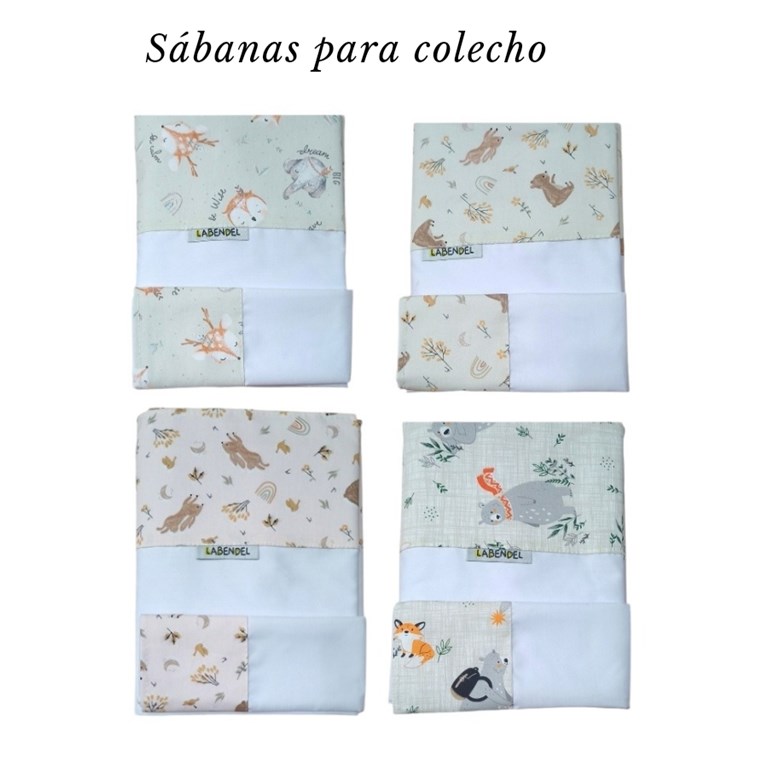 Sabana 3 piezas ajustable COLECHO. Medidas: 50cm x 80cm, sábana plana y funda de almohada. Batista hipoalergénica super suave composicion 65/35. Esbozos en gabardinas/tusor. Labendel