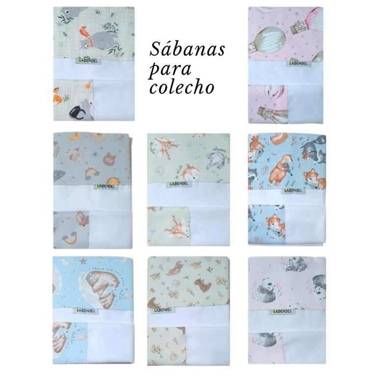 Sabana 3 piezas ajustable COLECHO. Medidas: 50cm x 80cm, sábana plana y funda de almohada. Batista hipoalergénica super suave composicion 65/35. Esbozos en gabardinas/tusor. Labendel