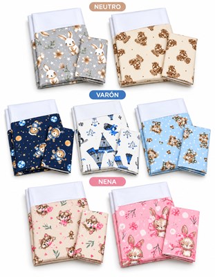Juego de 3 piezas SABANAS FUNCIONAL ajustable ,sábana plana y funda de almohada. Batista hipoalergénica composicion 65/35. Colchones de 80x140 Esbozos en gabardinas y/o piques. Estampas nena, varon, unisex. Labendel