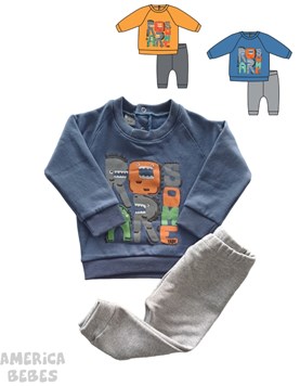 CONJUNTO FRISA PARA BEBE VARON BUZO CUELLO REDONDO ESTAMPADO ROAR Y PANTALON LISO YABY