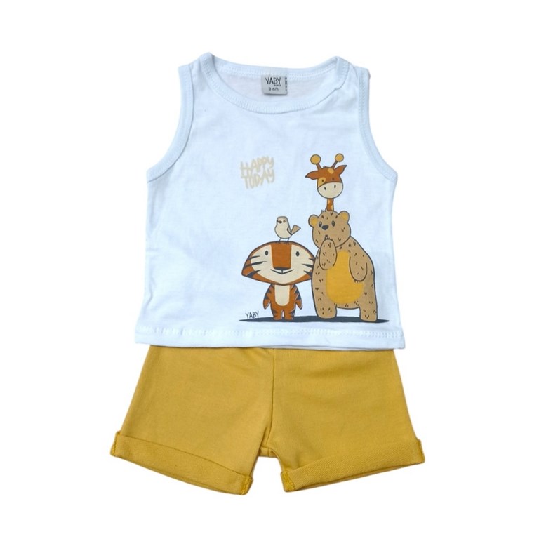 CONJUNTO BEBE REMERA SIN MANGA ESTAMPADO ANIMALITOS Y SHORT LISO. YABY