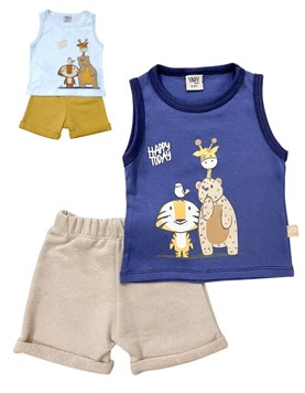 CONJUNTO BEBE REMERA SIN MANGA ESTAMPADO ANIMALITOS Y SHORT LISO. YABY