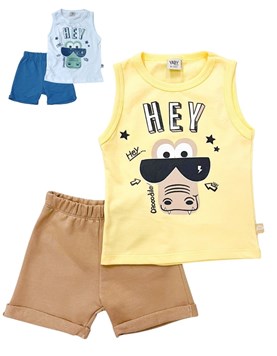 CONJUNTO BEBE REMERA SIN MANGA ESTAMPADO COCODRILO CON LENTES Y SHORT . YABY