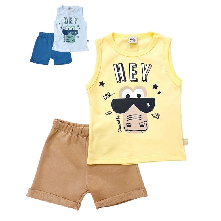 CONJUNTO BEBE REMERA SIN MANGA ESTAMPADO  COCODRILO CON LENTES Y SHORT . YABY