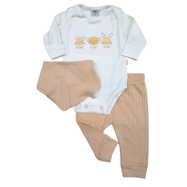 Set ajuar 3 piezas body de interlock ranita y babero bandana yaby